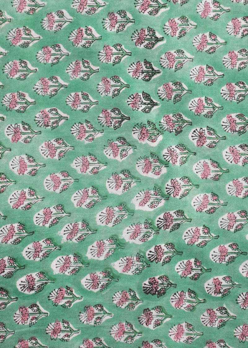 Wishing Green Booti Cotton Mulmul Hand Block Printed Fabric