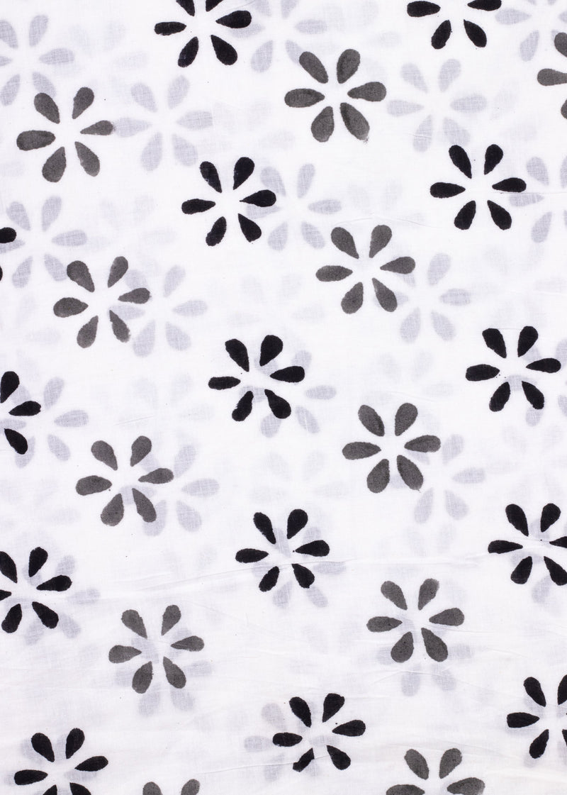 Daisies in the Daylight  Grey and Black  Cotton Hand Block Printed Fabric (1.00 Meter)