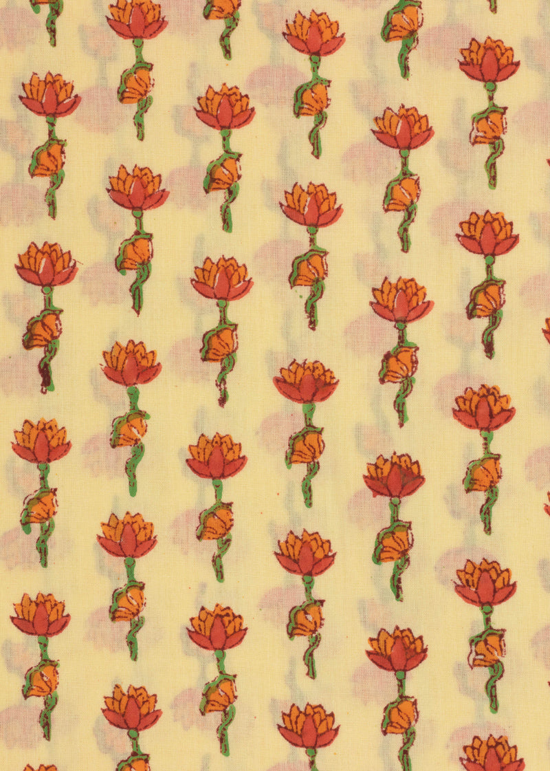 Lillies In The Water Tangerine Hand Block Printed Cotton Fabric (2.90 Meter)