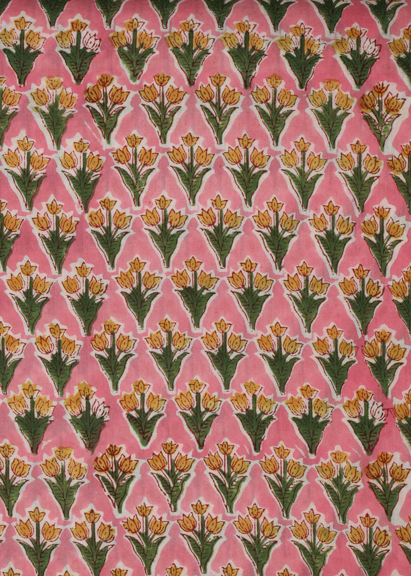 Chiming Skies Pink Cotton Hand Block Printed Fabric