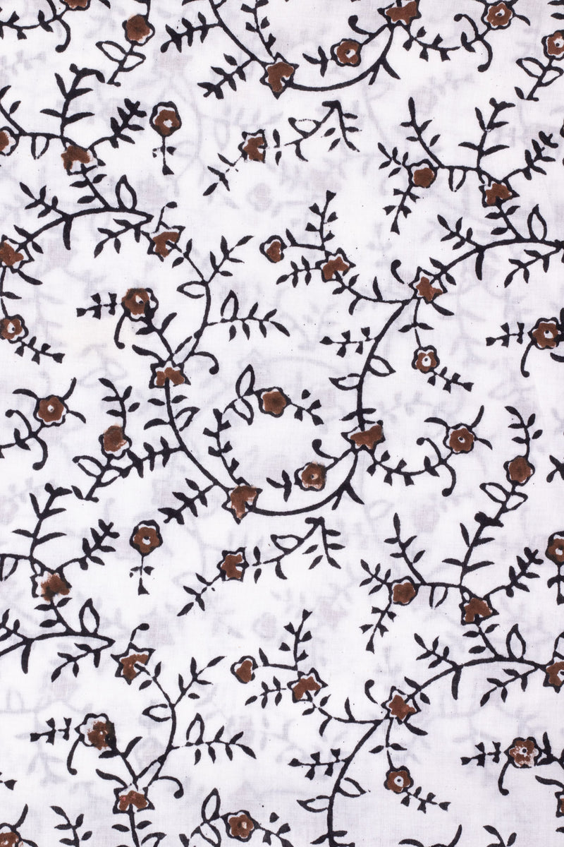 Flowers in the Daylight Brown and Black Cotton Hand Block Printed Fabric (3.60 Meter)