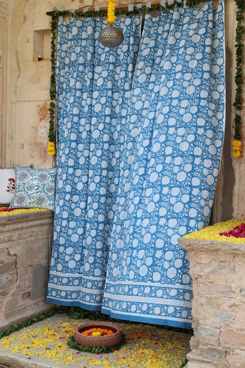 Eden of Blues Cotton Hand Block Printed Curtains