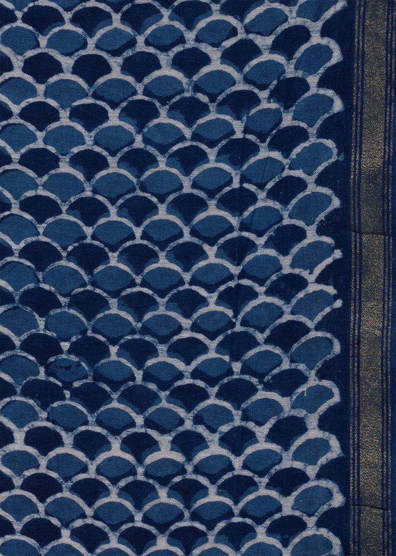 Chanderi Matsya Jaal Indigo Hand Block Printed Fabric (2.00 Meter)