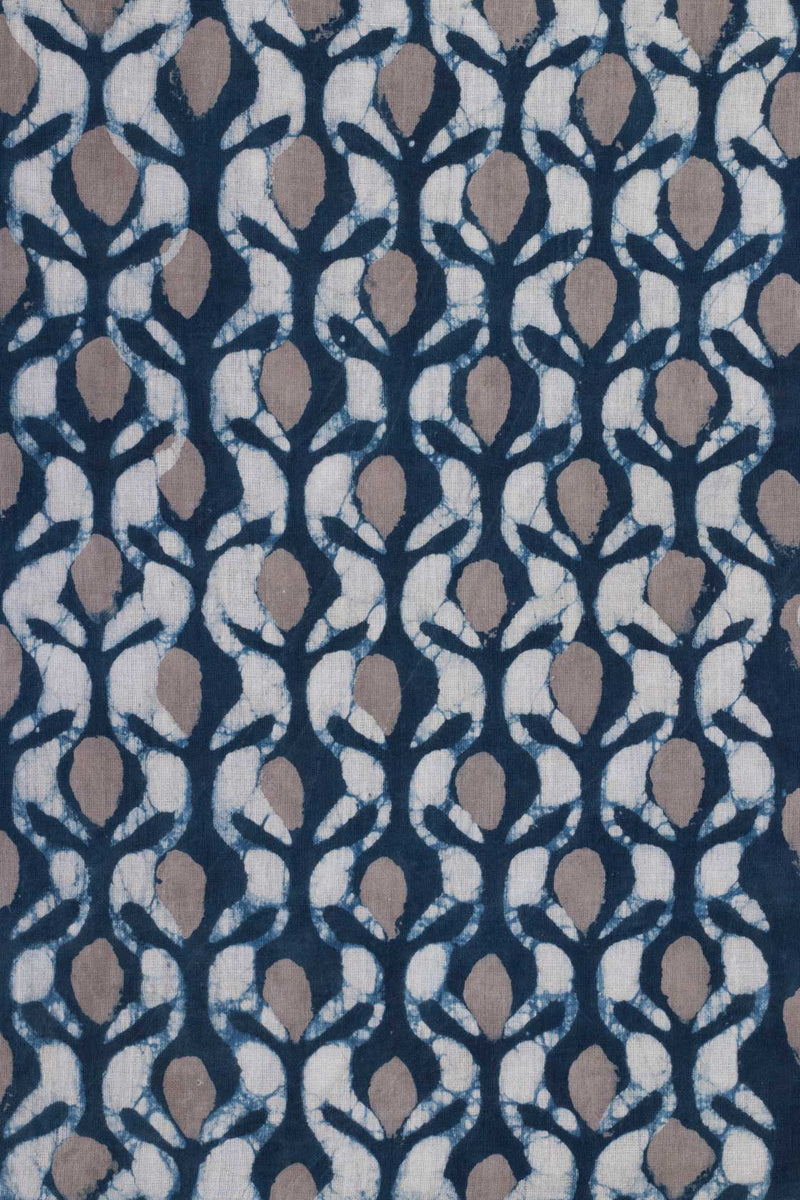 Florals in Flow Prussian Blue and Grey Hand Block Printed Cotton  Fabric (2.50 Meter)