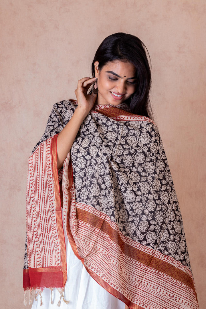 Arlene Black Handloom Cotton Hand Block Printed Zari Border Dupatta