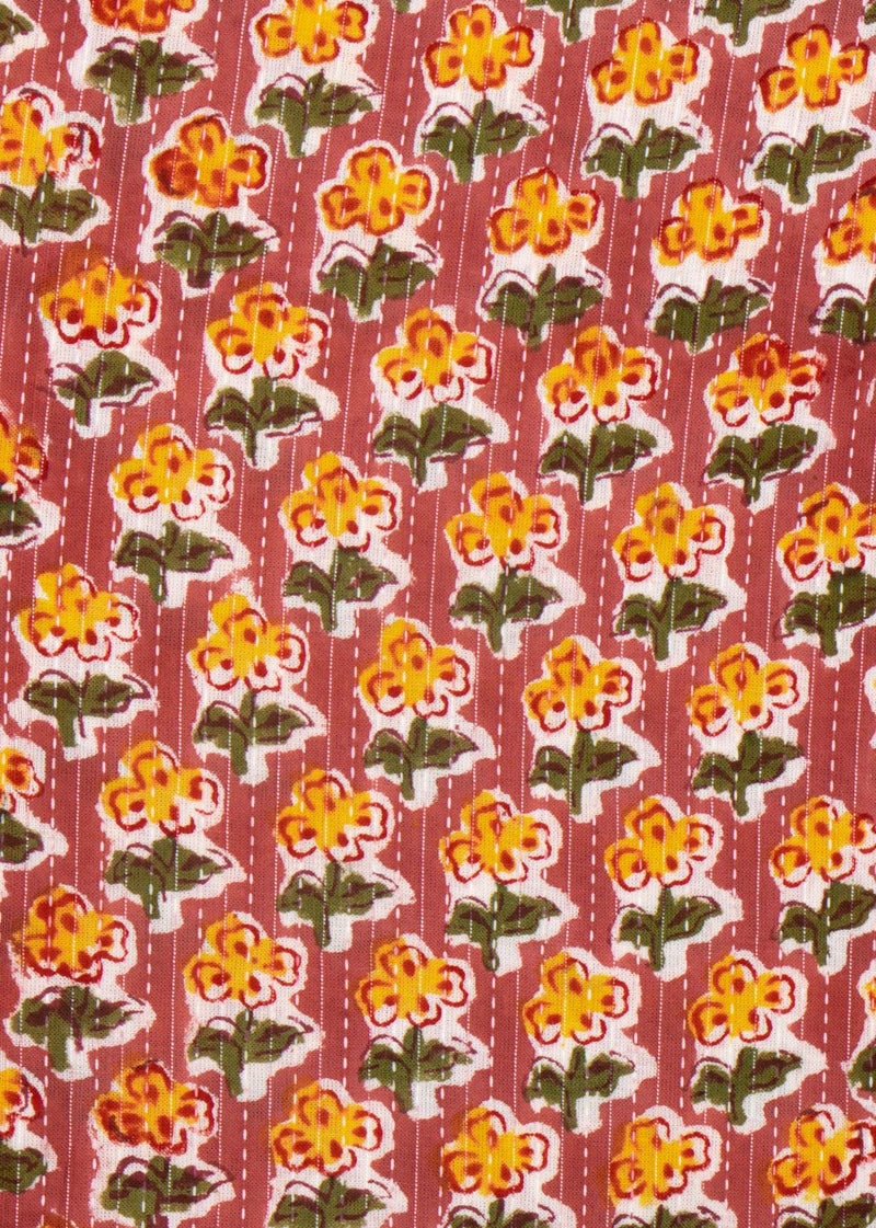 Midday Bloom Red Cotton Hand Block Printed Kantha Fabric