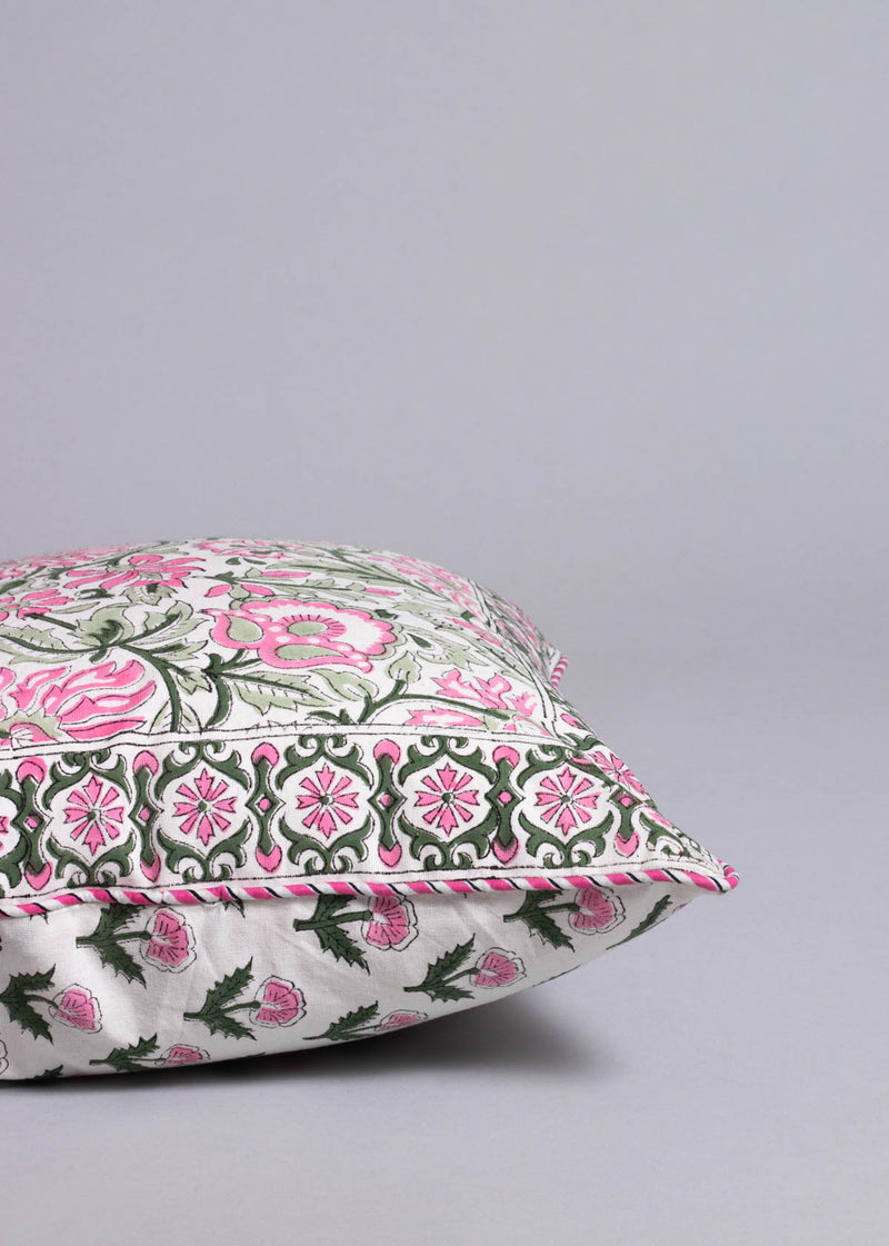 Garden of Pink Delight  Hand Block Printed Cushion Cover