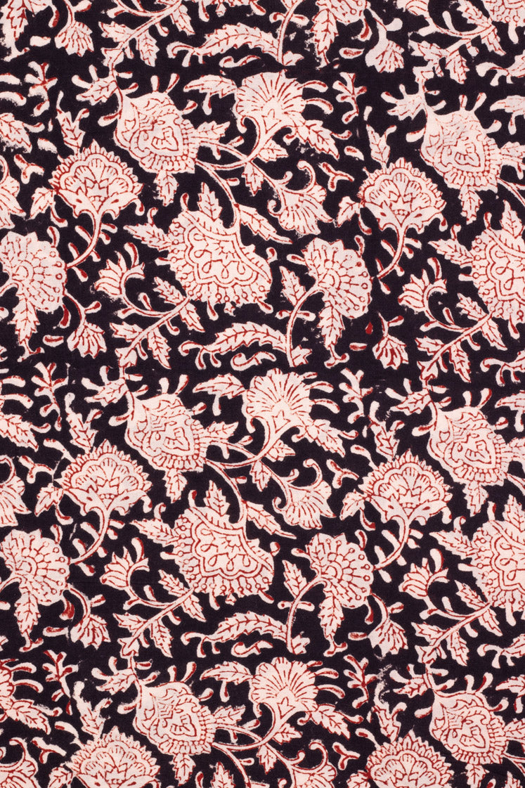 Paradise Black And Red Cotton Hand Block Printed Fabric