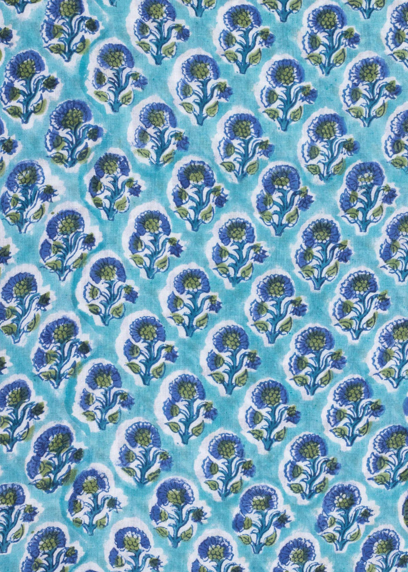 Summer Bloom Garden Aqua Blue Cotton Mulmul Hand Block Printed Fabric