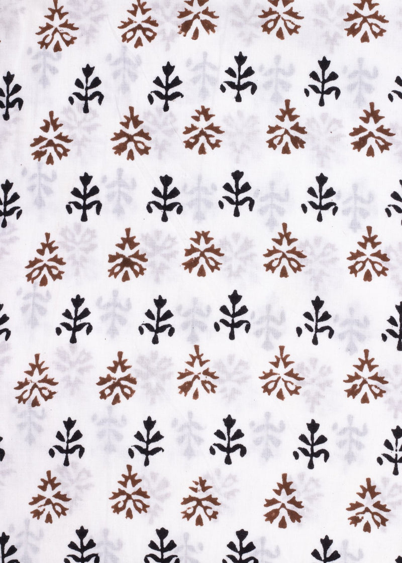 Saplings in Rows  Brown and Black Cotton Hand Block Printed Fabric (4.80 Meter)