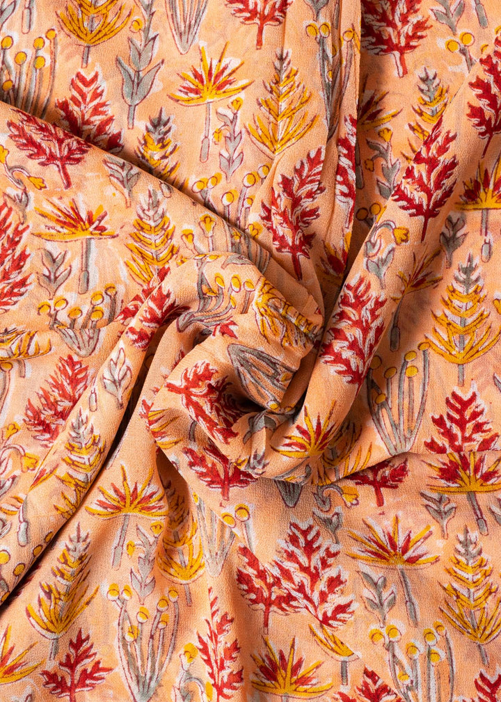 Grasshopper Peach Georgette Hand Block Printed Fabric