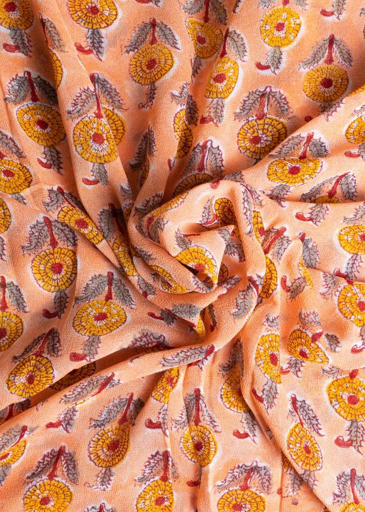 Merrier Peach Georgette Hand Block Printed Fabric