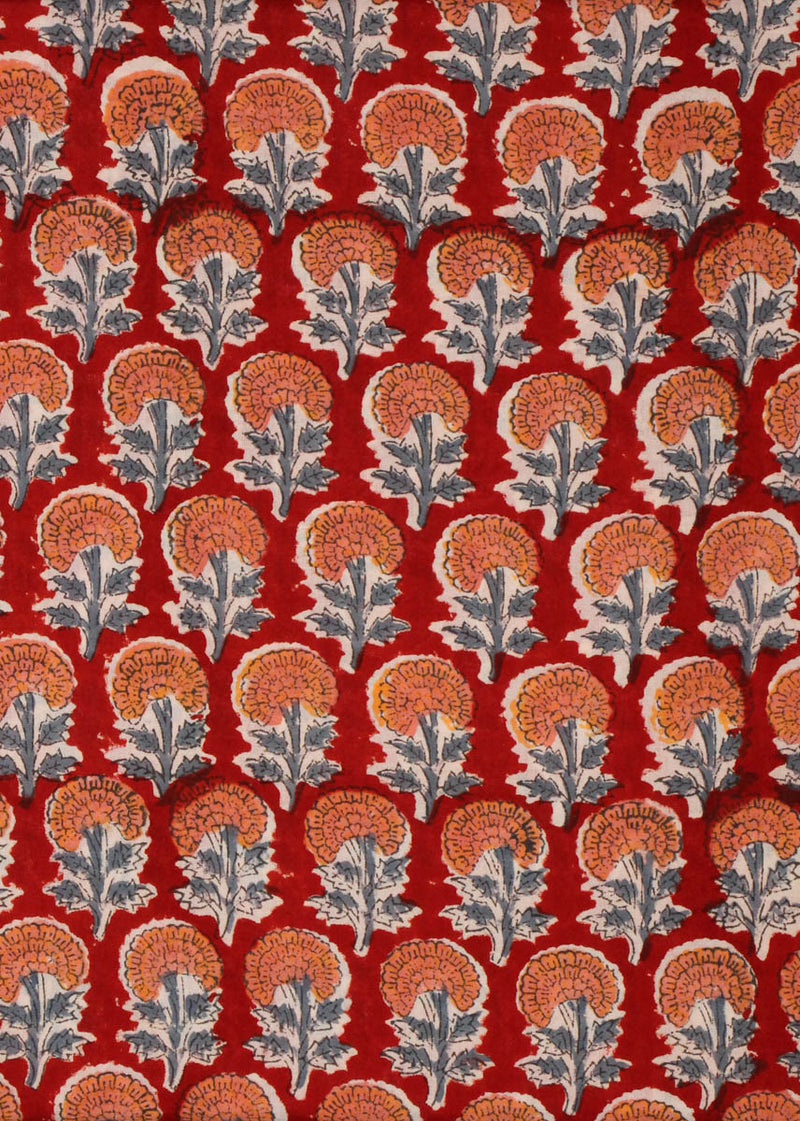 Marigold Prairies Maroon Cotton Hand Block Printed Fabric (4.00 Meter)