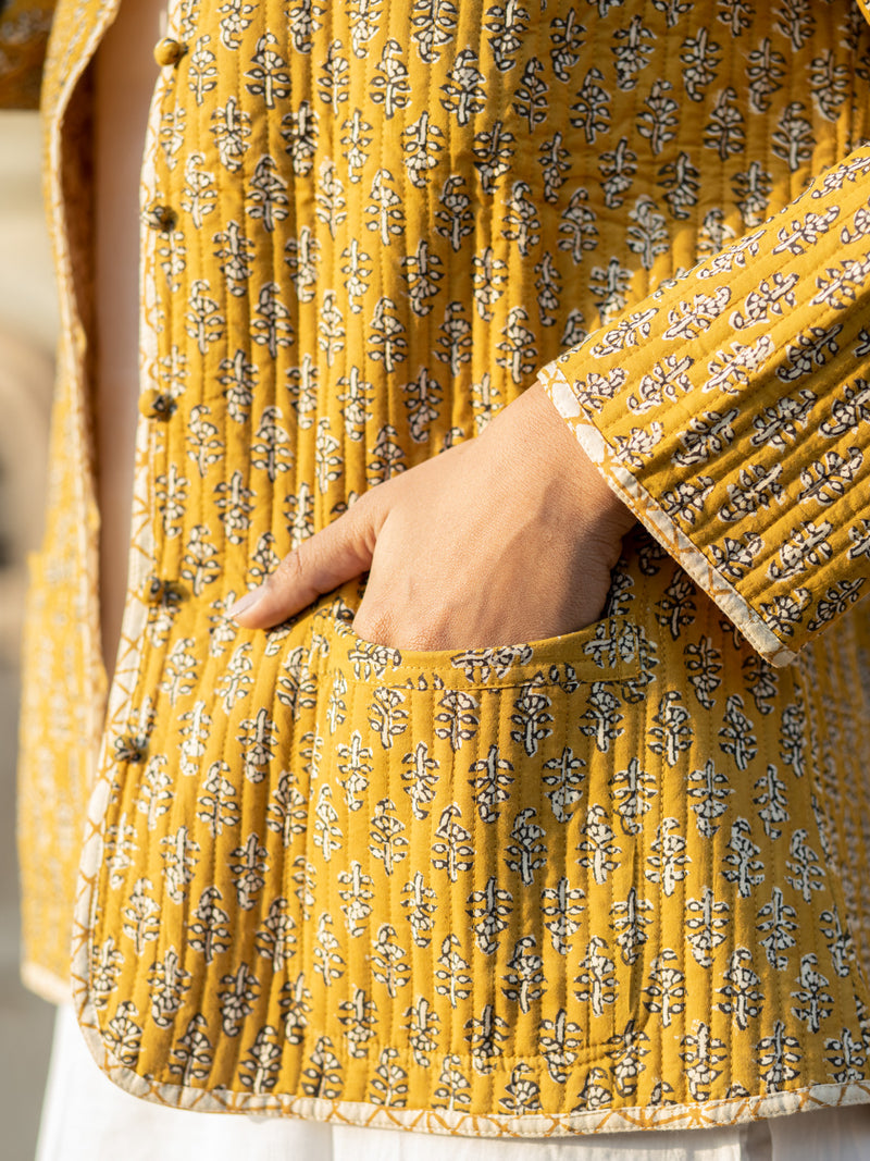 Cotton Quilted Mustard Medley Reversible Hand Block Print Women’s Jacket
