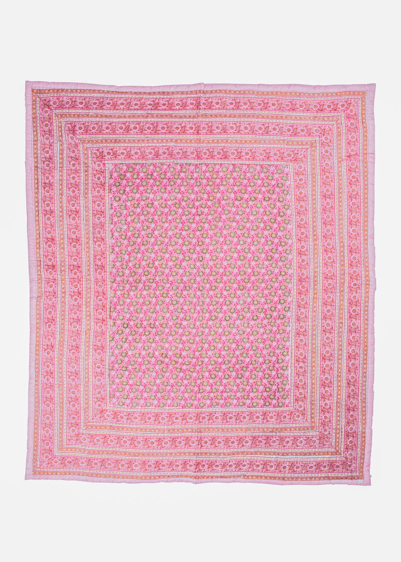 Cerise Bloom Hand Block Printed Cotton Bed Quilt