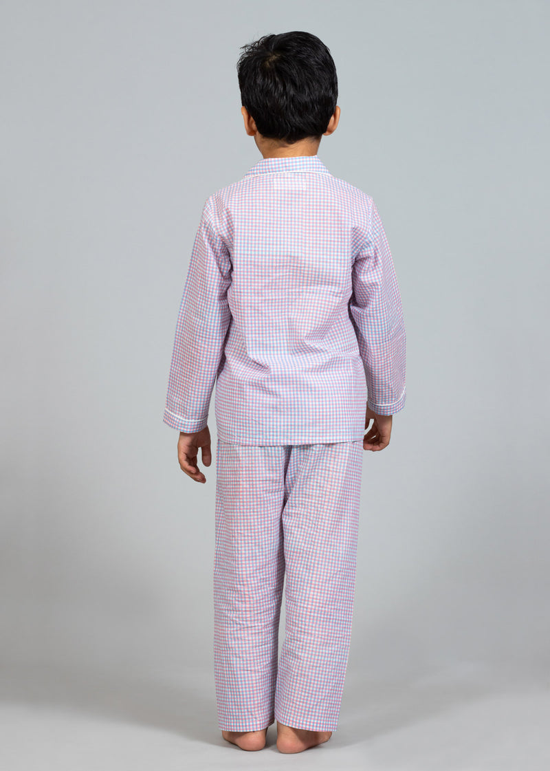 Chequered Grounds Lilac Hand Block Printed Children’s Sleepwear Set