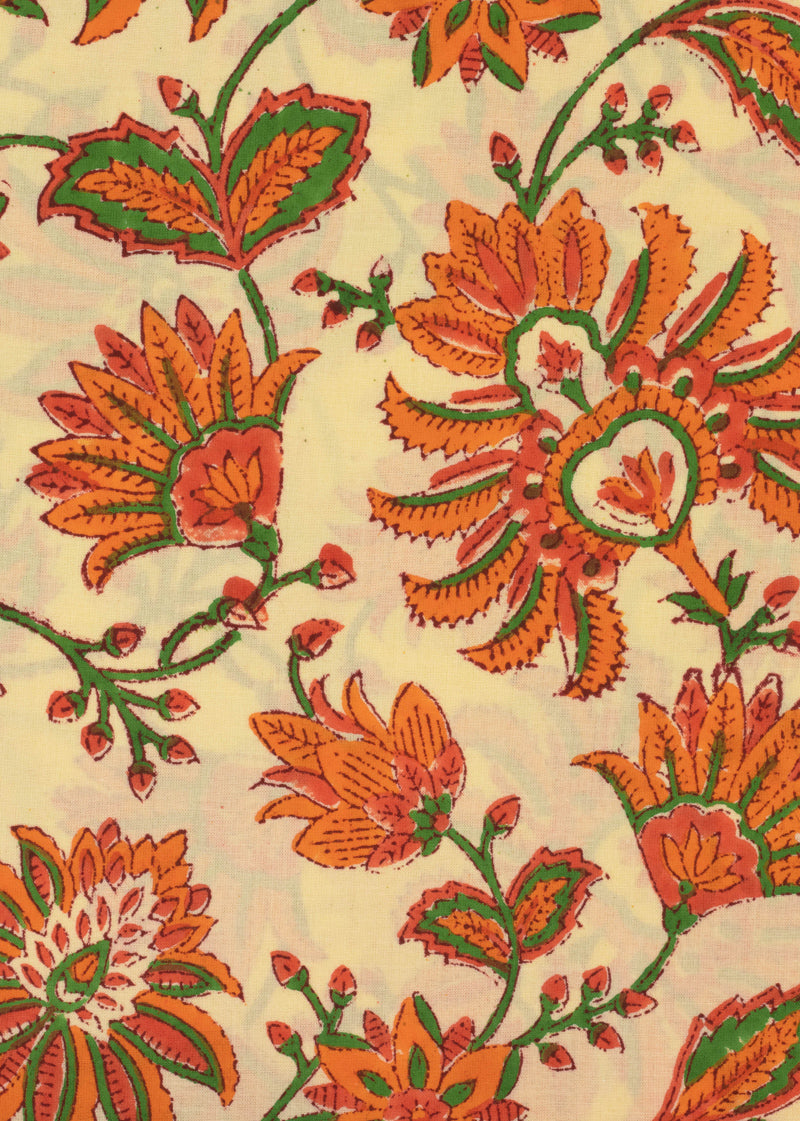 Breathing Florals Tangerine Hand Block Printed Cotton Fabric 3.30 Meter)