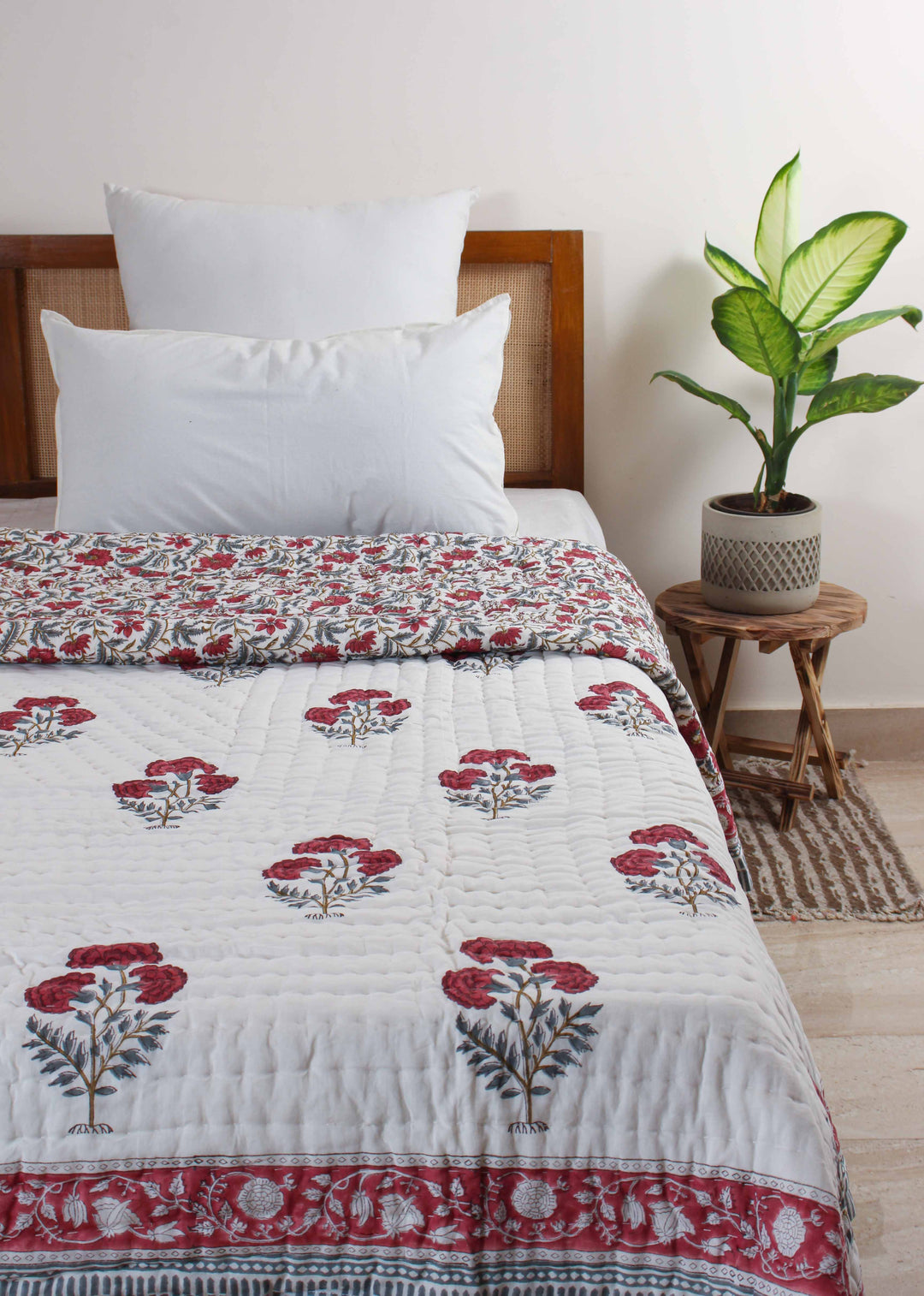 Crimson Highs Hand Block Printed Cotton Bed Quilt