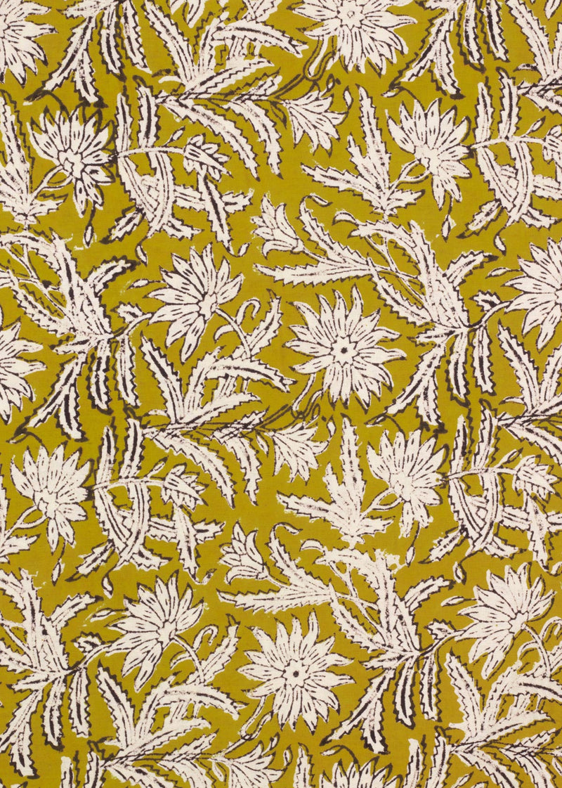Chrysanthemum Mustard Cotton Hand Block Printed Fabric