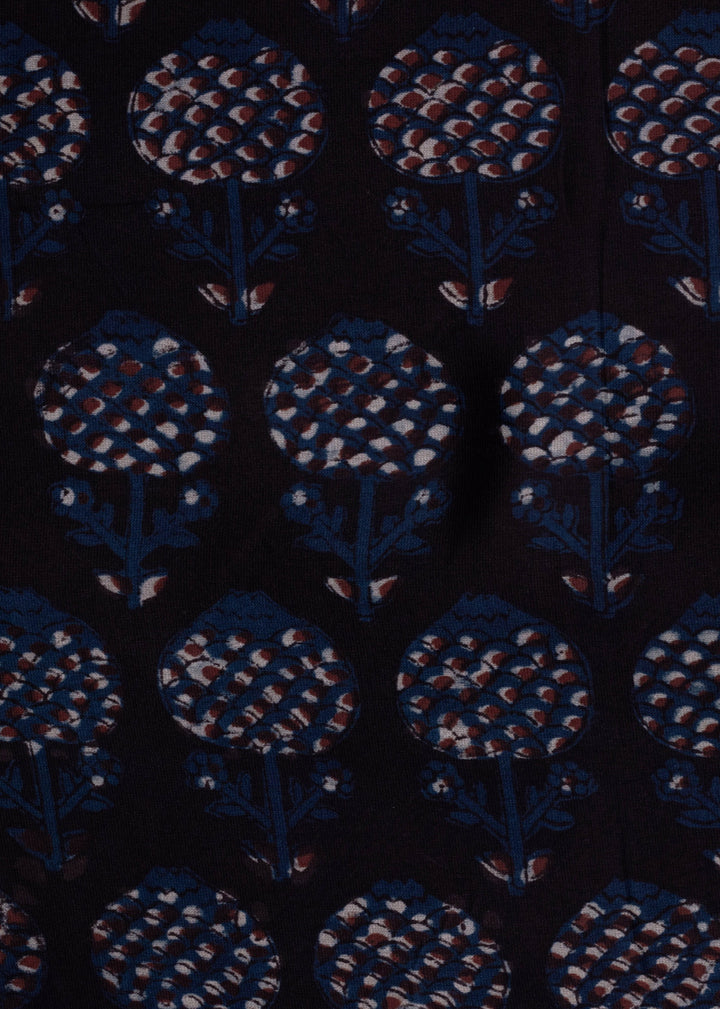 Flame Of The Woods Indigo  Chanderi Hand Block Printed Fabric