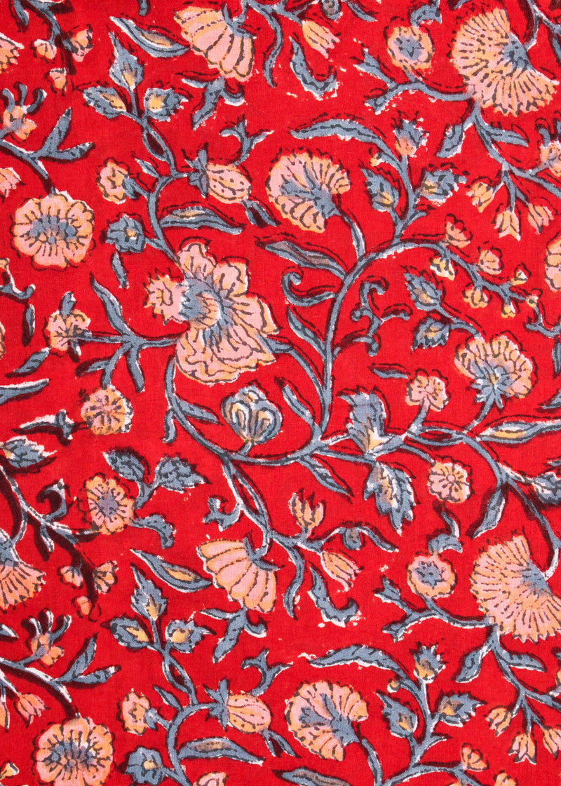 A Dance of Carnation Red Cotton Hand Block Printed Fabric (1.70 Meter)