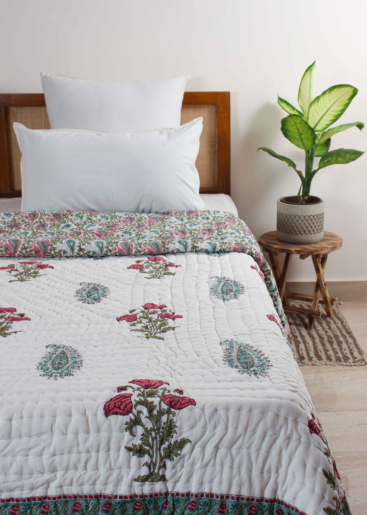 Daydream Blues Cotton Hand Block Printed Bed Quilt