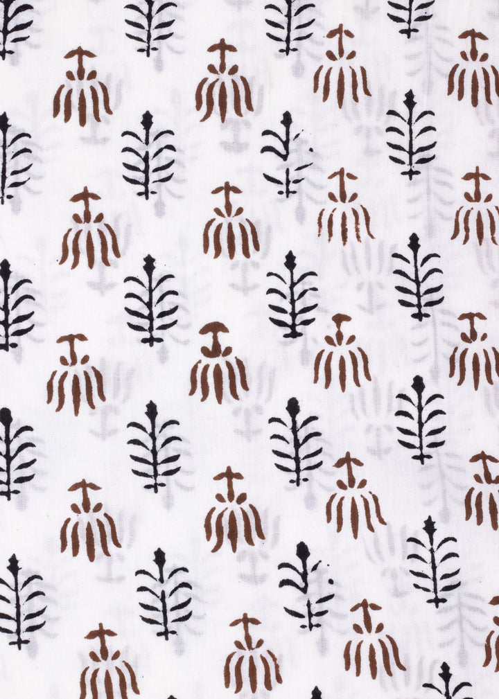 "Saplings in Rows Brown and Black  Cotton Hand Block Printed Fabric "