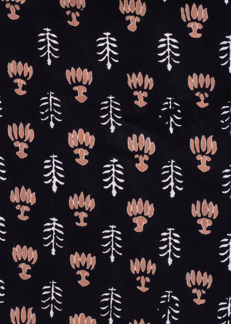 "Saplings in Rows  Brown and Black Cotton Hand Block Printed Fabric " (2.00 Meter)