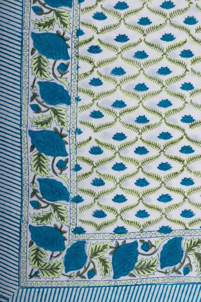 Blue Lillies At The River Bank Hand Block Printed Cotton Bedsheet