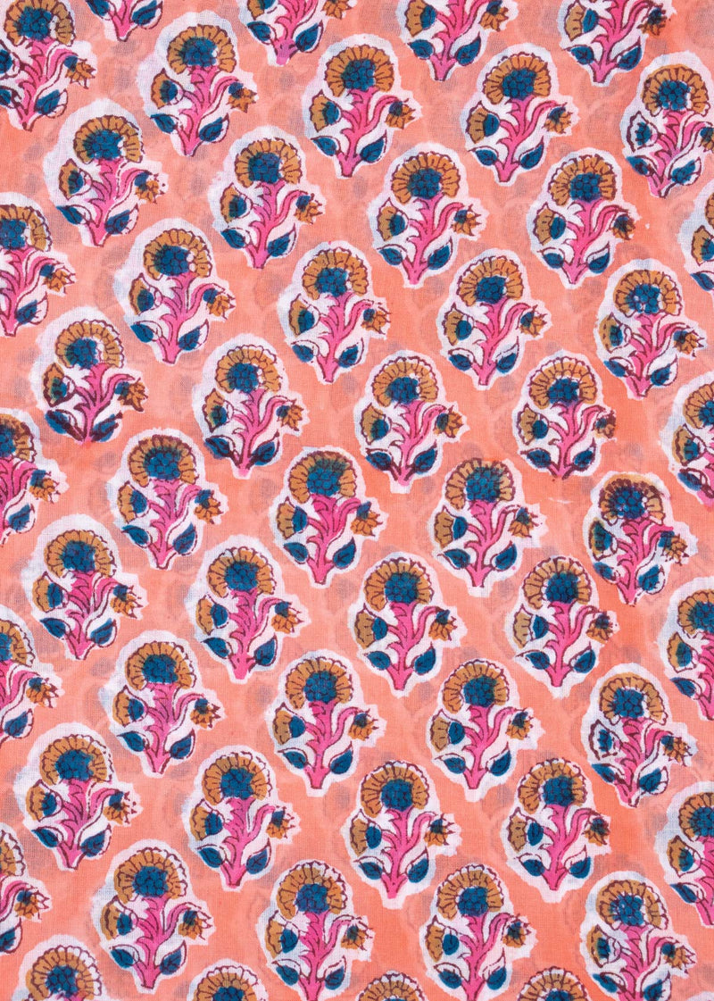 Merrilines Peach  Mulmul Hand Block Printed Fabric (1.90 Meter)