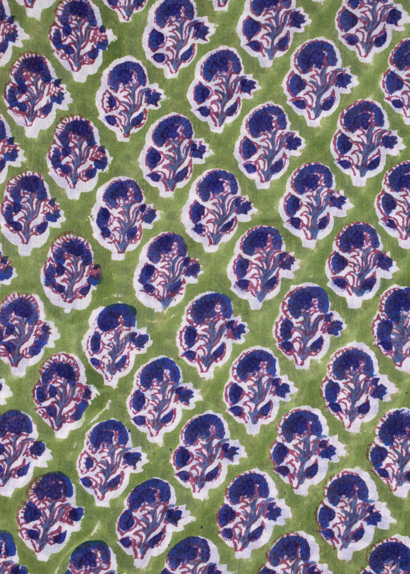 Merrilines Olive  Mulmul Hand Block Printed Fabric (4.00 Meter)
