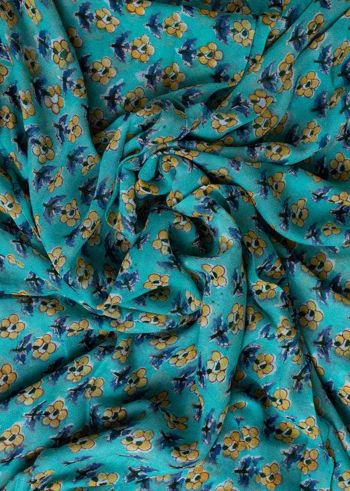 Daisies Aqua Georgette Hand Block Printed Fabric