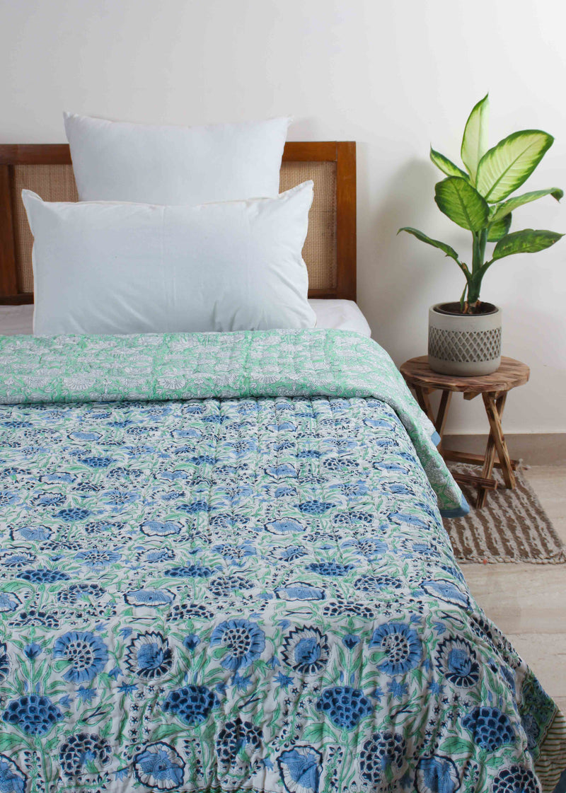 Aqua Romance Hand Block Printed Cotton Bed Quilt