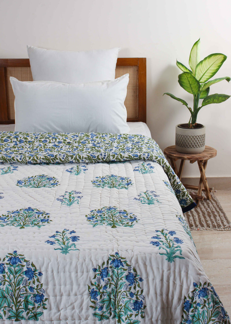 Sapphire Summer Cotton Hand Block Printed Bed Quilt
