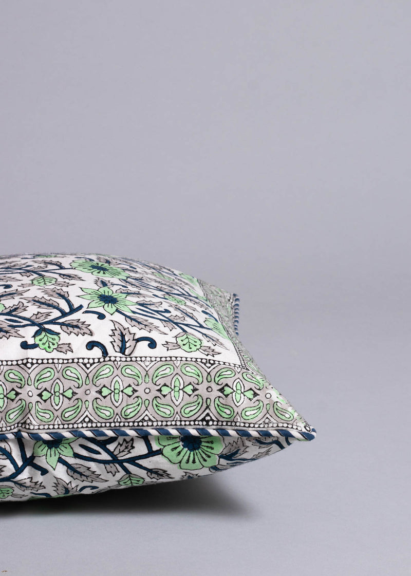 Mint Bouquet Hand Block Printed Cushion Cover
