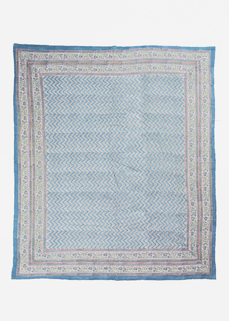 Valleys Blue Hand Block Printed Cotton Bed Quilt