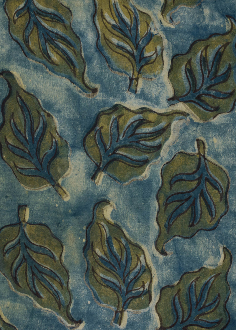 Withering Leaves Powder Blue Hand Block Printed Modal Satin Fabric (1.10 Meter)