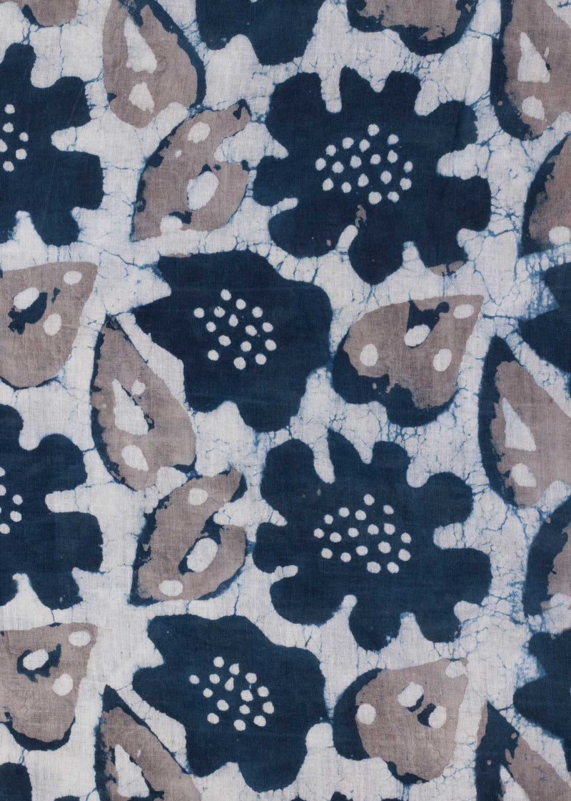 Illusory Autumns  Prussian Blue and Grey Hand Block Printed Cotton Mulmul Fabric