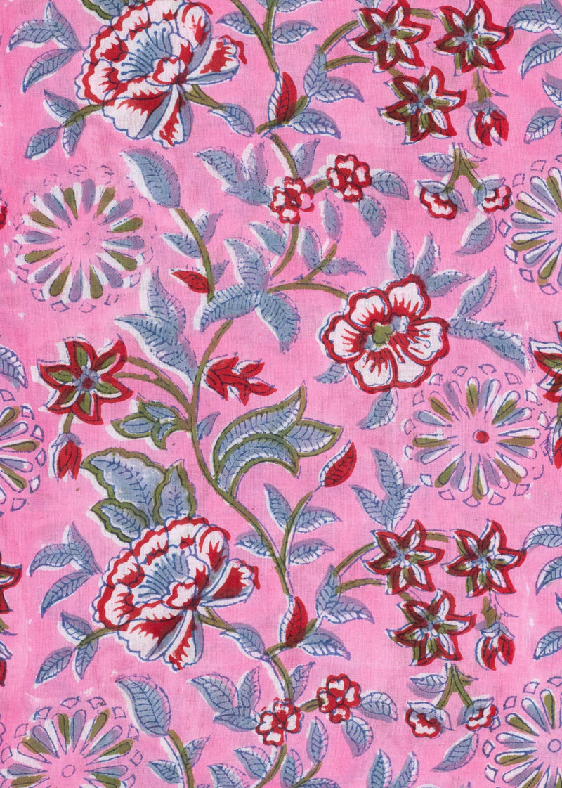 A floral bloom Pink Cotton Mulmul Hand Block Printed Fabric