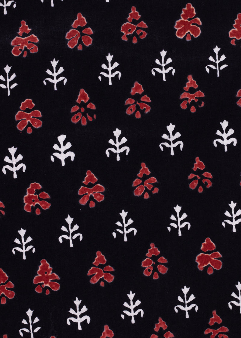 A Splatter of Flowers  Red and Black Cotton Hand Block Printed Fabric (3.00 Meter)