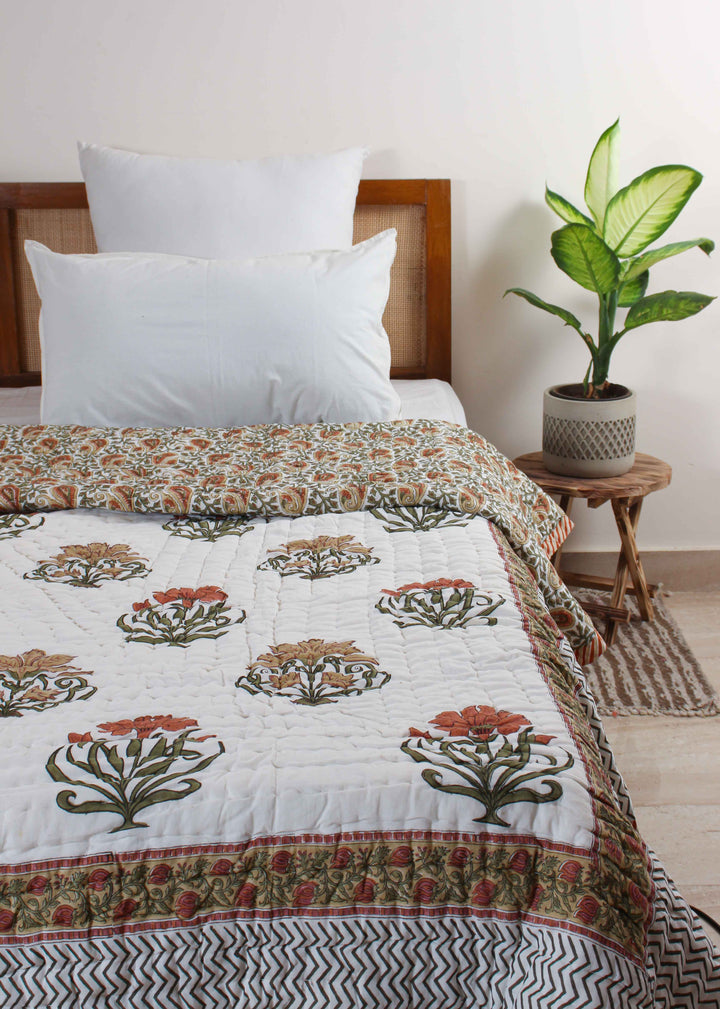 Vineyard Virtues Cotton Hand Block Printed Bed Quilt