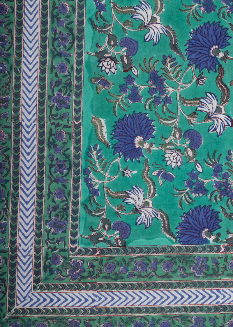 Ocean Blue Foliage Hand Block Printed Cotton Bedsheet