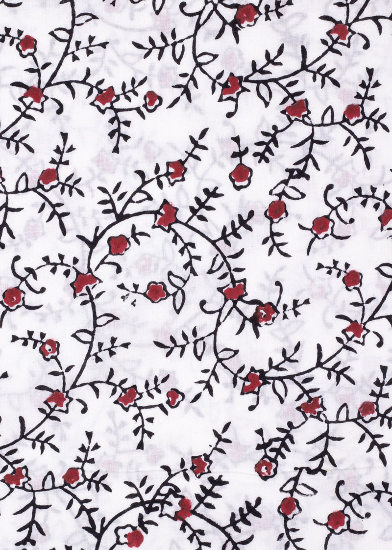 Flowers in the Daylight  Red and Black  Cotton Hand Block Printed Fabric (1.50 Meter)