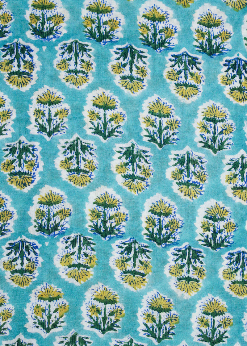 The Call for Dahlia Cyan Cotton Hand Block Printed Fabric