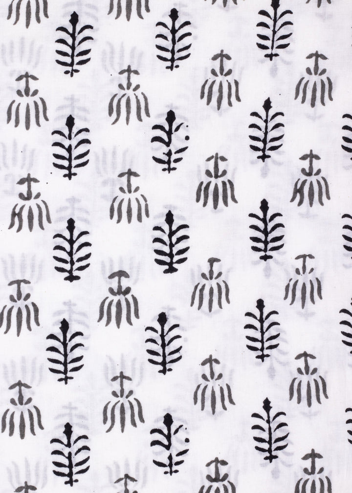 Saplings in Rows Grey and Black Cotton Hand Block Printed Fabric