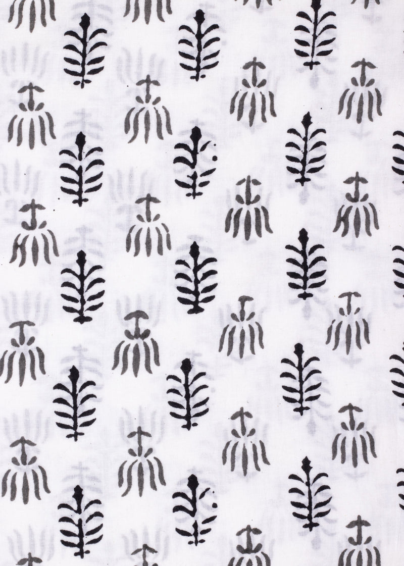 Saplings in Rows Grey and Black Cotton Hand Block Printed Fabric