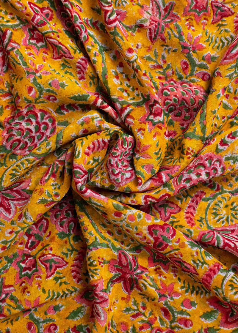 Wilderness Yellow Georgette Hand Block Printed Fabric (3.00 Meter)