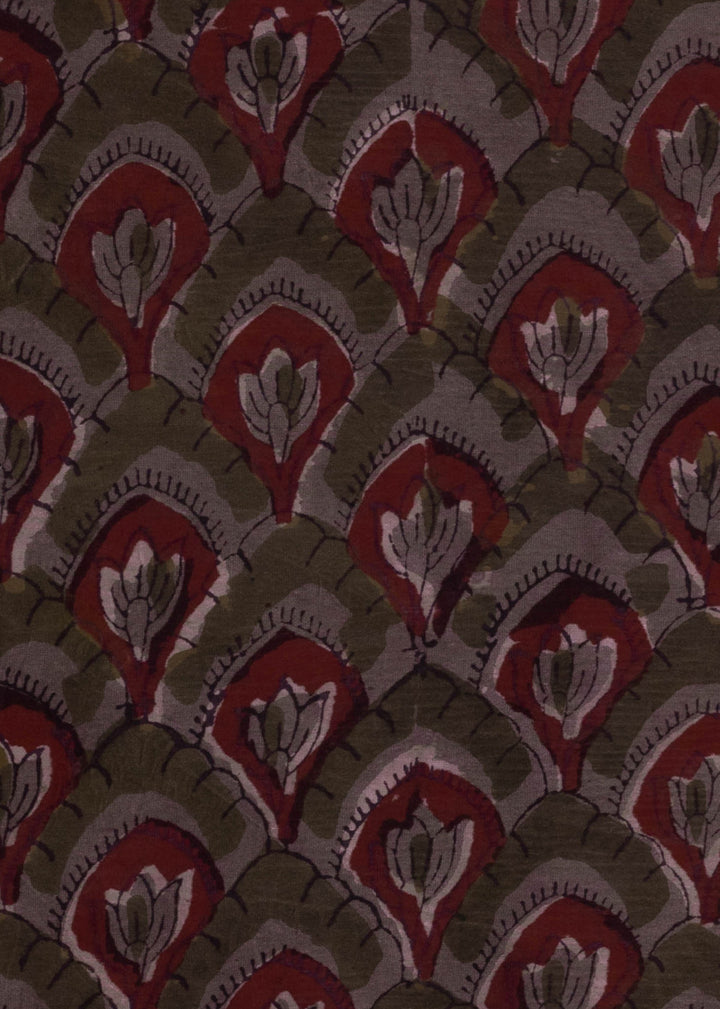 Tulip Arches Brown Chanderi Hand Block Printed Fabric