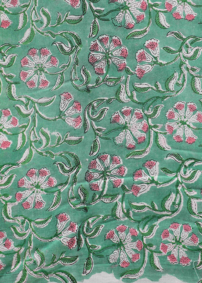 Wishing Green Cotton Mulmul Hand Block Printed Fabric (2.00 Meter)