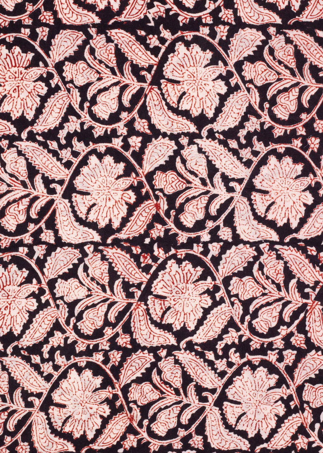 Peonies Black Cotton Hand Block Printed Fabric